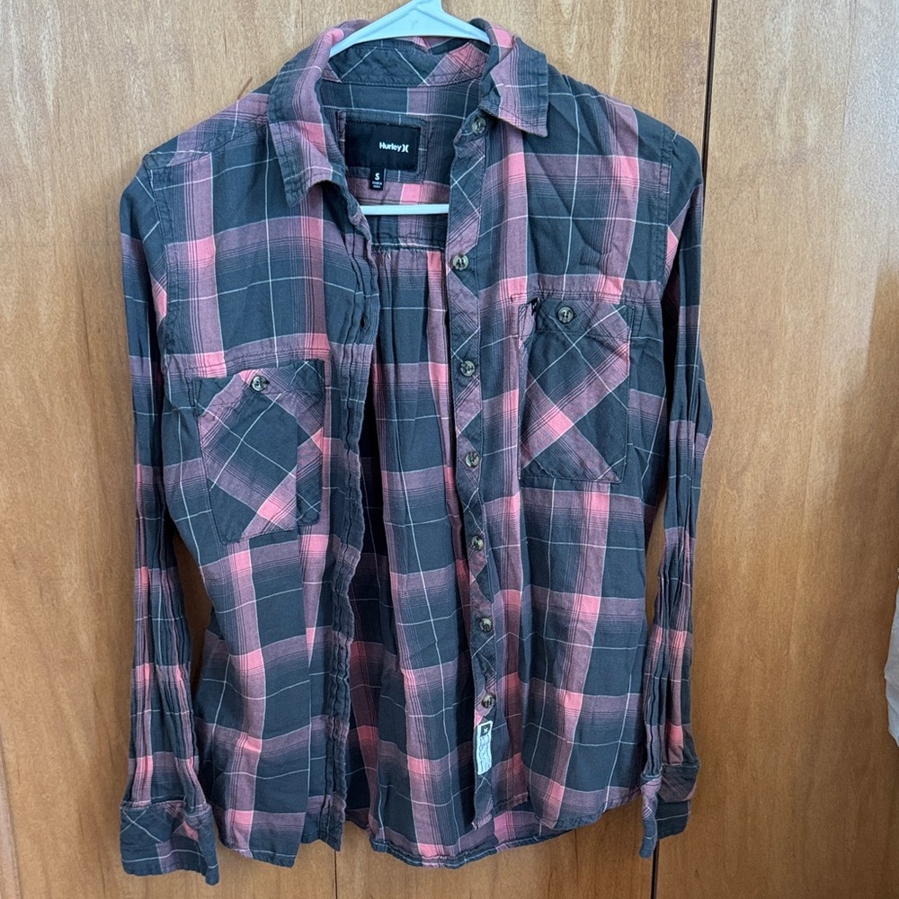 Hurley Women's Black and Pink Plaid Button-Down Shirt